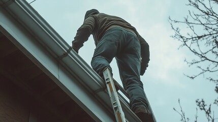 Man on Ladder Cleaning House Gutters on Cloudy Day