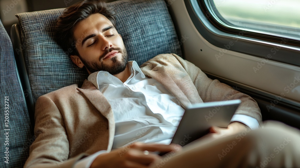 Poster young professional using mobile internet to work from a train seat with a view of rolling hills stoc