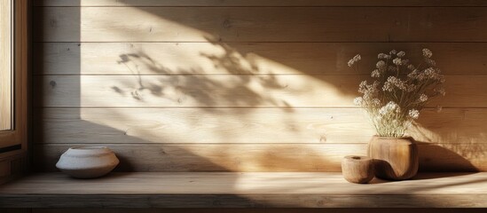 Sunlight streams across a wooden wall highlighting a shelf with vases and dried flowers