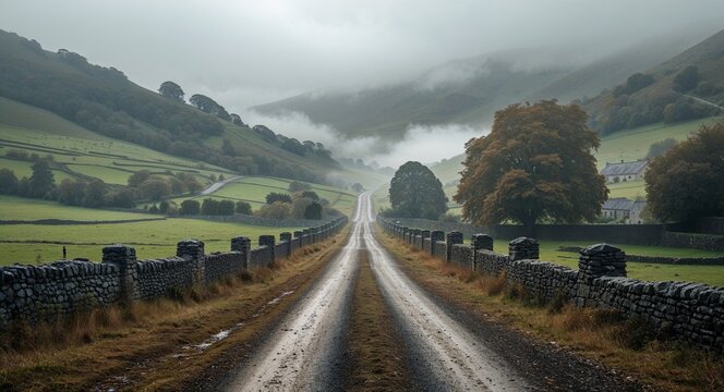 Quiet dirt medieval road with fog rolling in from hills
