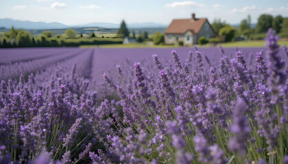 Lavender Dreams: A Cottage Amidst Blooming Rows of Purple Majesty