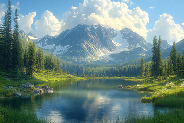 Fototapeta premium Serene Mountain Lake Scenic View With Lush Green Coniferous Forest
