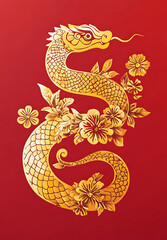Obraz premium Golden Dragon with Floral Ornament Asian Art Design for Lunar New Year Celebration