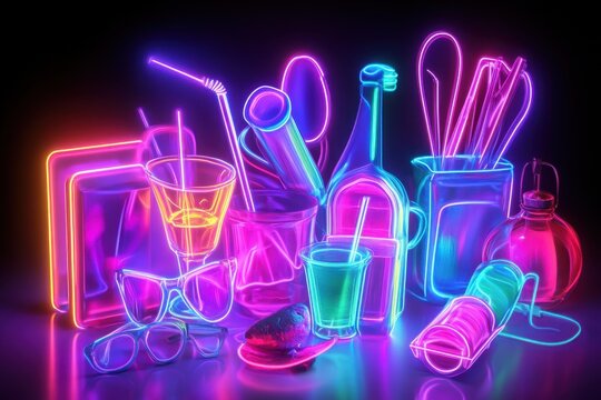 Vibrant neon bar scene with colorful drinkware and accessories at night