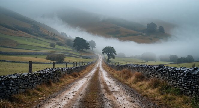 Quiet dirt medieval road with fog rolling in from hills