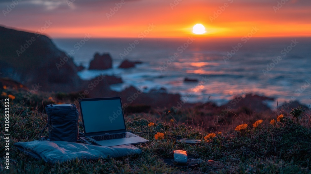 Poster work-from-anywhere setup featuring a mobile hotspot a compact laptop and a scenic ocean view stock p