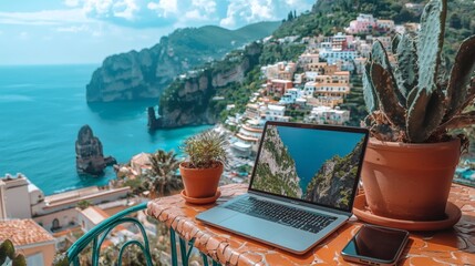 Work-from-anywhere setup featuring a mobile hotspot a compact laptop and a scenic ocean view Stock Photo with side copy space