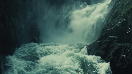 A powerful waterfall cascading over rocks and creating a misty, powerful water scene