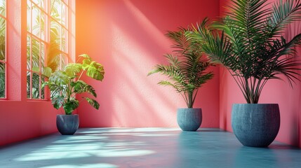 Sunlit corner with potted plants in vibrant colors