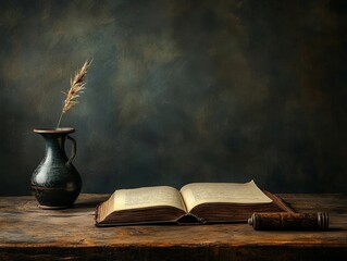 A rustic scene featuring an open book, a vase with a plant, and a wooden surface.