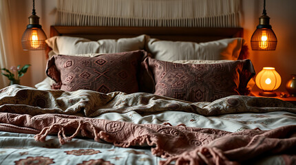 Cozy and Elegant Bedroom Interior Design with Warm Lighting and Rustic Decor.  Create a relaxing and comfortable sleep environment with beautiful bedding and pillows.