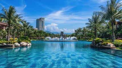 Tranquil lagoon pool with fountain surrounded by palm trees and a building