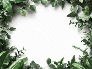 Fototapeta premium A decorative border of various green leaves on a transparent background.