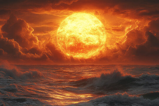 Fiery Sun Setting Over a Turbulent Ocean