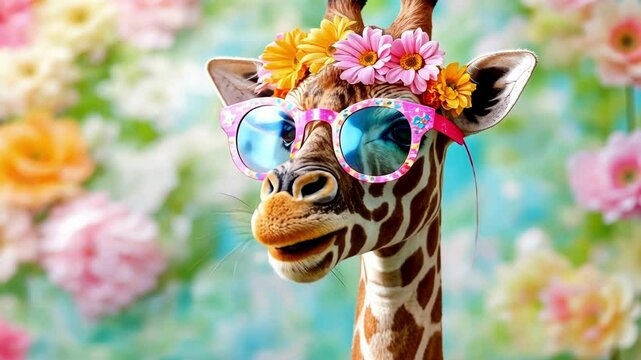 Psychedelic giraffe with colorful accessories in vibrant floral setting