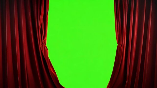 Theatrical curtain opening with green chroma key background behind it, perfect for video production, event presentations, and special effects