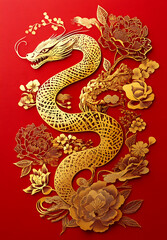 Obraz premium Golden Dragon amidst Blooming Peonies: A Festive Chinese New Year Art