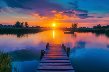 Fototapeta premium A beautiful sunset over a calm river, with the summer solstice sun casting vivid colors in the sky and reflecting them on the water. In the foreground