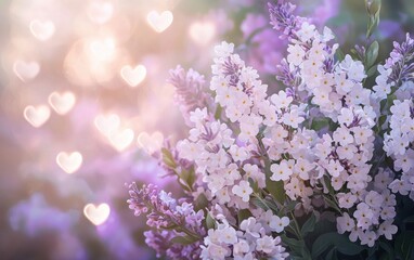 Fototapeta premium Light lavender and white floral arrangement with soft glowing hearts in the background, creating a peaceful and romantic setting