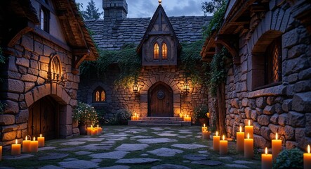 Fototapeta premium Quiet medieval home with stone walls and flickering candles background