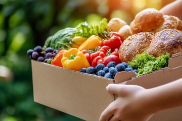 A volunteer carrying a cardboard box filled with groceries. Generative AI
