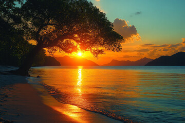 Sunset over tropical beach scene with tree silhouette