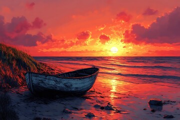 Cozy linocut print of a peaceful beach scene with warm tones and soothing ambiance, 2k 