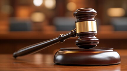Gavel on Wooden Block in Courtroom Setting- Justice, Law, Legal Concept