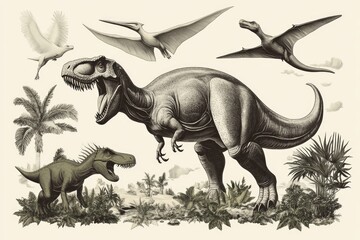 Fototapeta premium Dinosaur Park Features Roaring T-Rex, Friendly Triceratops, and Soaring Pterodactyls in a Prehistoric Landscape