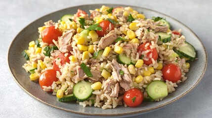 Delicious Tuna Rice Salad with Corn, Cucumber, and Cherry Tomatoes