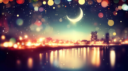 Traditional Candle light with Crescent moon shape on the beach, Ramadan Kareem background 2025