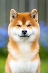 Charming Akita sitting among blooming flowers in a beautiful summer park.