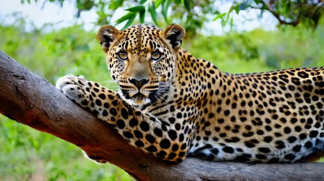 Leopard or panther on a tree with eye contact during outdoor jungle safari at Namibia - panthera pardus fusca. Close up shot of wild male leopard. shot on cinema camera during scientific expedition