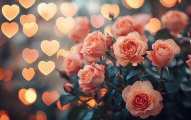 Handpicked bouquet of garden roses with a blurred background of heart-shaped bokeh lights, creating a dreamy romantic feel