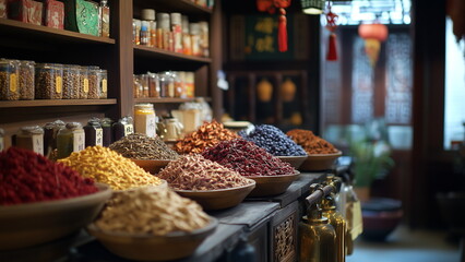 Fototapeta premium A traditional Chinese medicine store filled with varies herbs, spices, jars of dried ingredients on wooden cupboard. The shop exudes an authentic, cultural atmosphere of health and wellness.