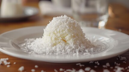 Crisp coconut flakes sprinkled on a modern white dessert plate.
