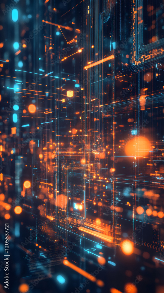 Leinwandbilder futuristic server room transferring data packets with glowing orange and blue bokeh effect in a comp