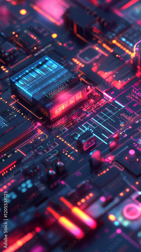 Aufkleber Complex electronic circuit board with glowing neon lights managing and processing data flow, futuristic technology concept