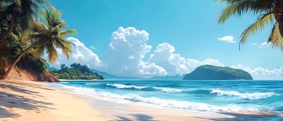 Tropical beach vacation clipart set showcasing palm trees, sandy beaches, and ocean waves, 4k 