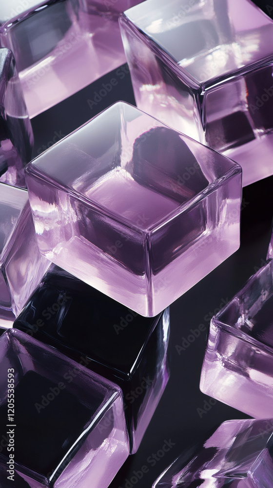 Poster Purple glass cubes reflecting luminously on dark surface, generating dynamic color interplay with geometric depth and translucent brilliance