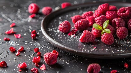 Crunchy raspberry pieces spread out on a matte black plate.