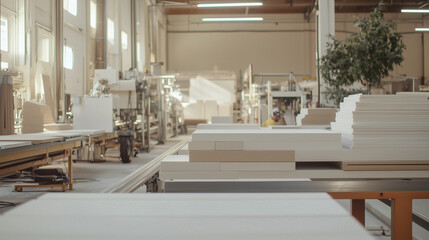 Fototapeta premium Ceramic Tile Production Shop with Machinery and Conveyor Belt