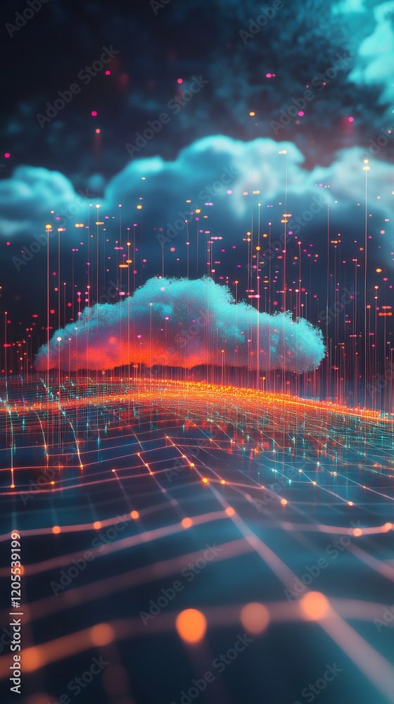 Poster cloud computing transferring data through futuristic network grid with glowing lines and particles