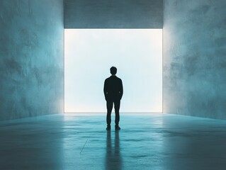 Obraz premium A silhouette of a person standing in a minimalistic, illuminated space, evoking contemplation.