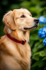 Cute golden retriever sitting in a summer park, wearing a red collar and surrounded by vibrant flowers.