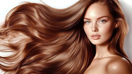 Obraz premium Woman's Long Silky Hair Captured in Motion with Shine and Texture Highlighted on White Background