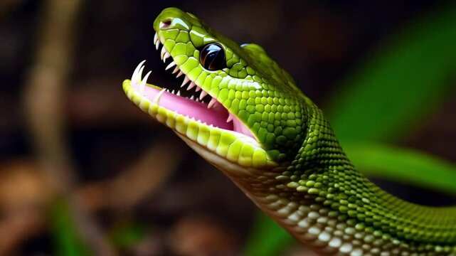 4k Slow Motion video of a jaw rearticulation of the jaw from a venomous Bush Viper Snake