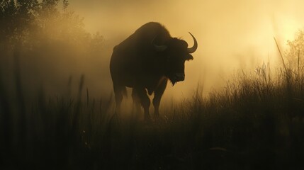Naklejka premium Majestic Bull Silhouette in Foggy Sunrise Landscape with Grass
