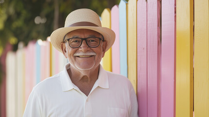 Fototapeta premium Happy Older Man Painting Fence in Cheerful Colors