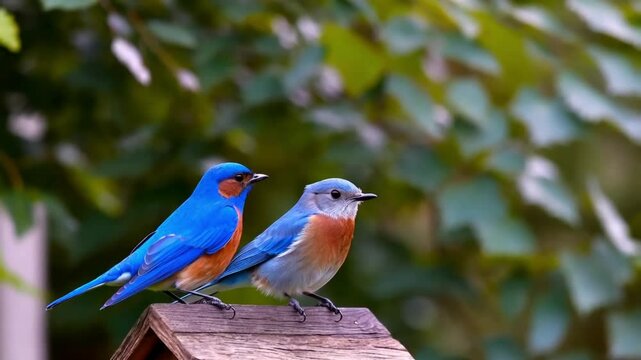 Male, Female Eastern Bluebird on top of birdhouse.